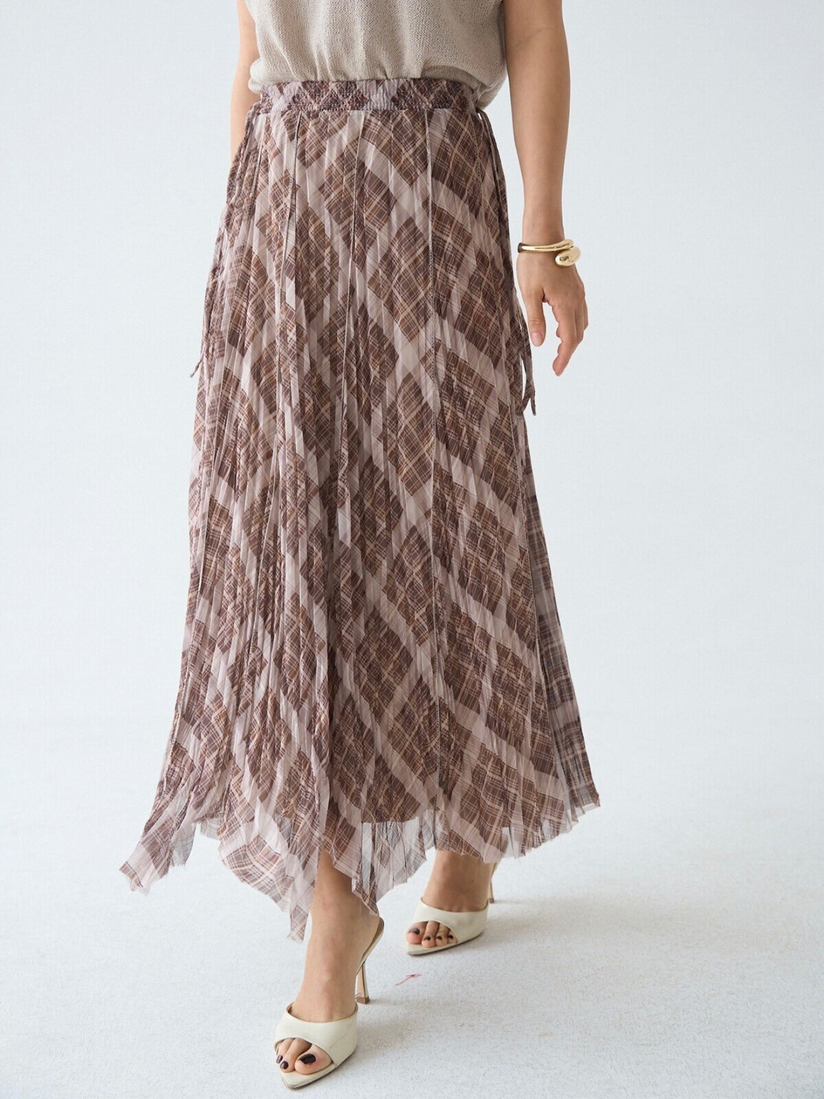 Pleated Plaid Midi Skirt
