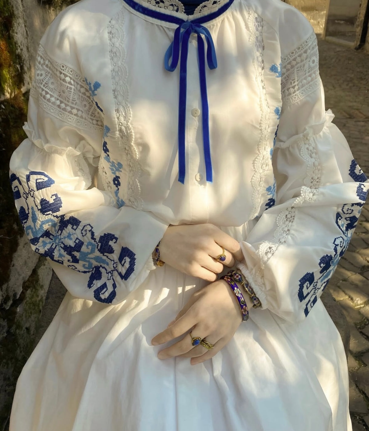 White Embroidered Dress with Blue Ribbon
