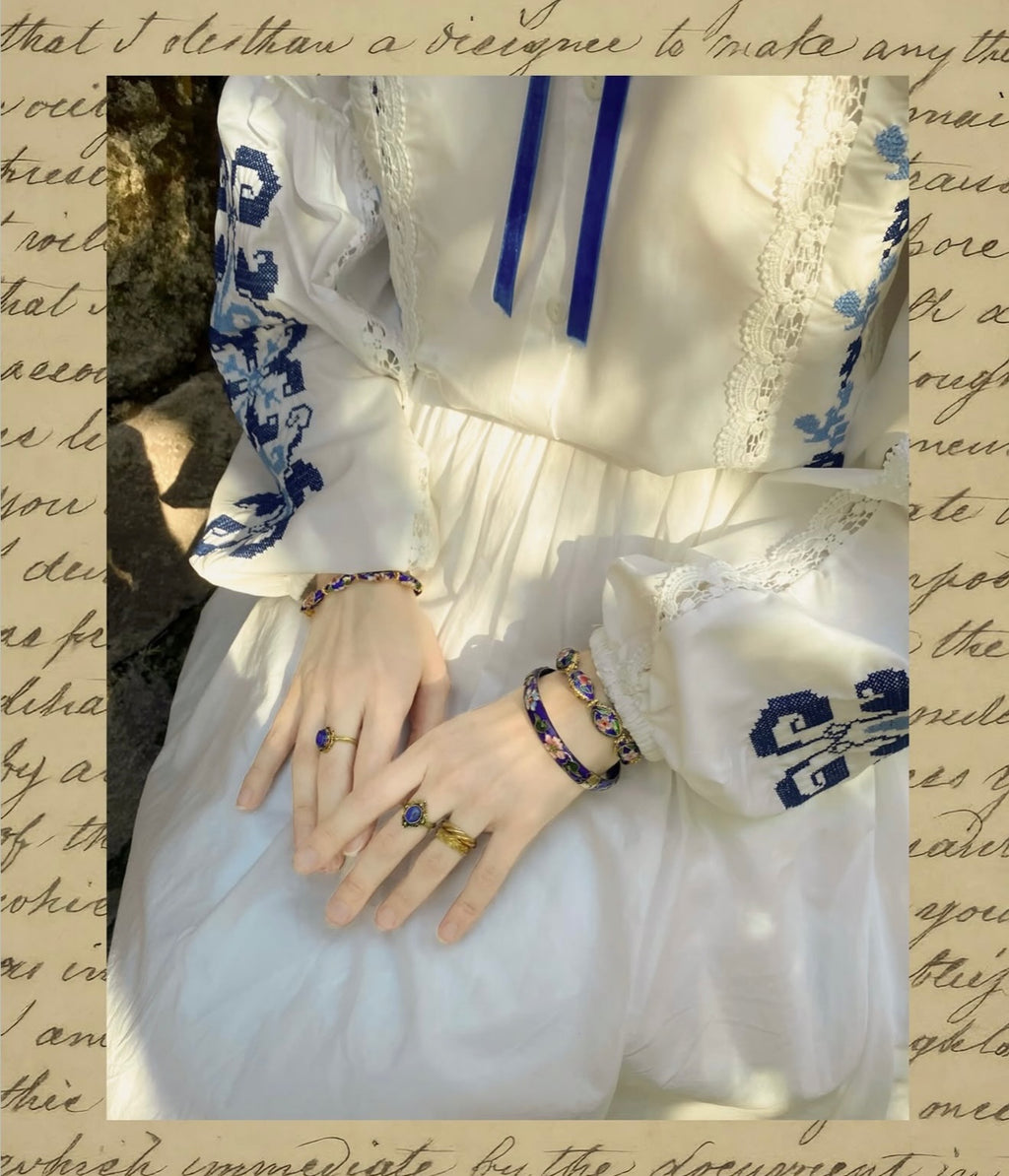 White Embroidered Dress with Blue Ribbon