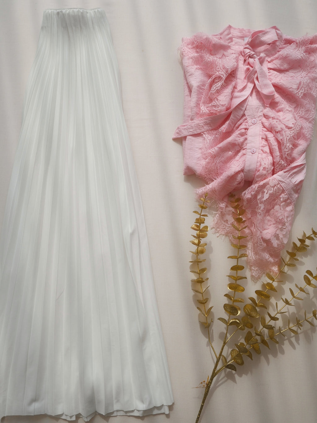Pink Lace Blouse & White Skirt Set