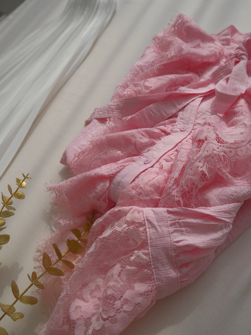 Pink Lace Blouse & White Skirt Set