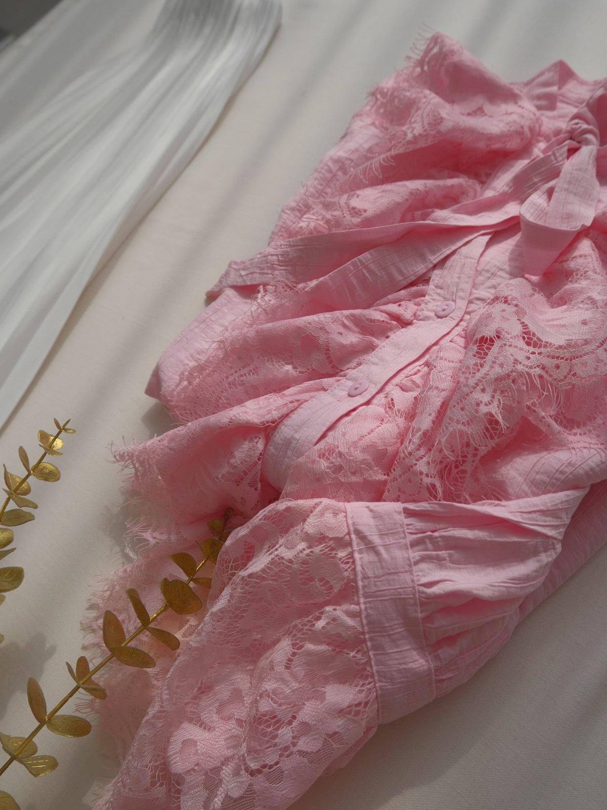 Pink Lace Blouse & White Skirt Set